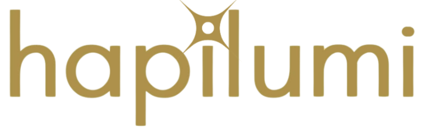 Gold logo of 'hapilumi' on a white background, symbolizing how to be happy and enlightened, to maximize happiness