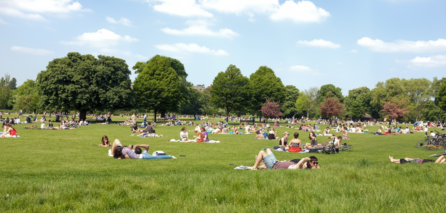 People relaxing on a grassy field with trees and a clear sky as if knowing how to be happy, how to enjoy life, and how to find peace.